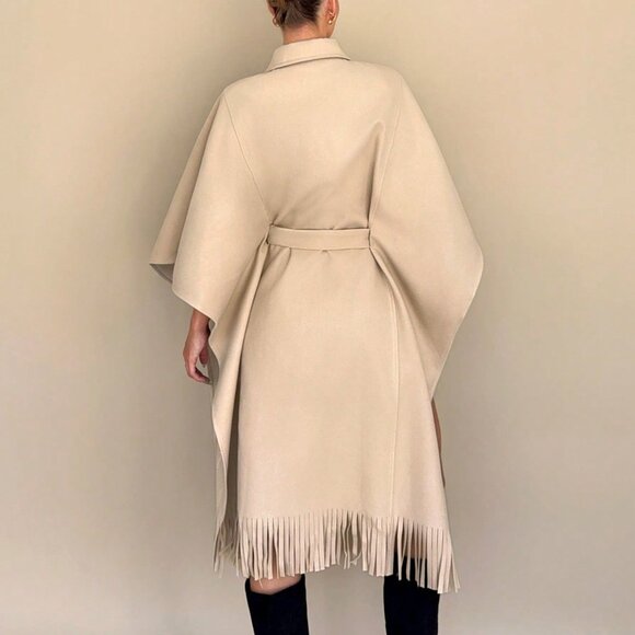 Khaki Elegant Women's Lapel Neck Knotted Waist Fringe Hem Overcoat - Picture 2 of 5